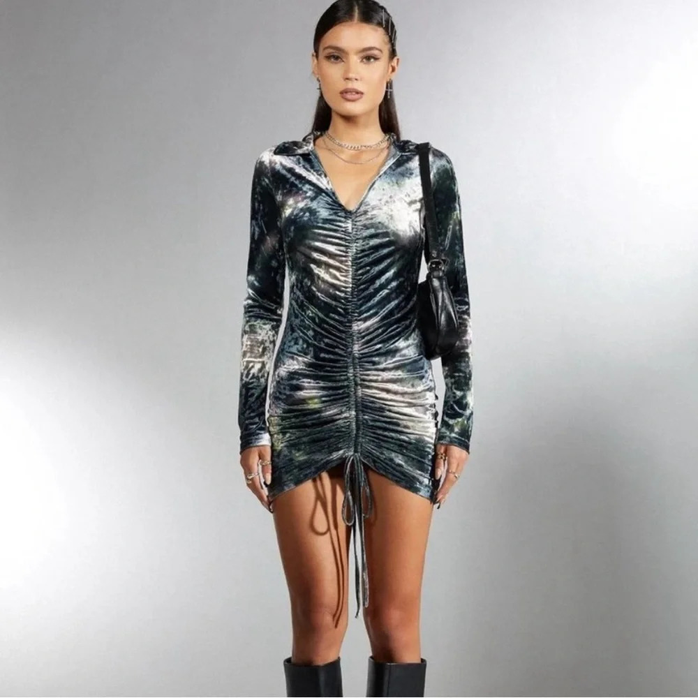 Motel Rocks Green Marble Ruched Velvet Mini Dress